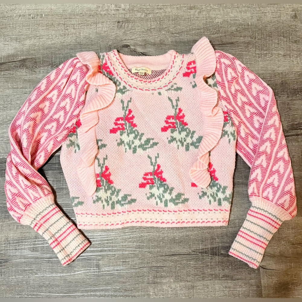 Shop Stevie Pink Floral Ruffle Crewneck Sweater